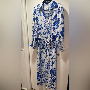 Blue Floral Long Sleeve Belted Shirt Dress